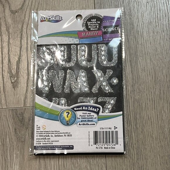 72 Piece ArtSkills Glitter Gem Stickers Letters Alphabet 1" Silver Budget - Picture 2 of 3